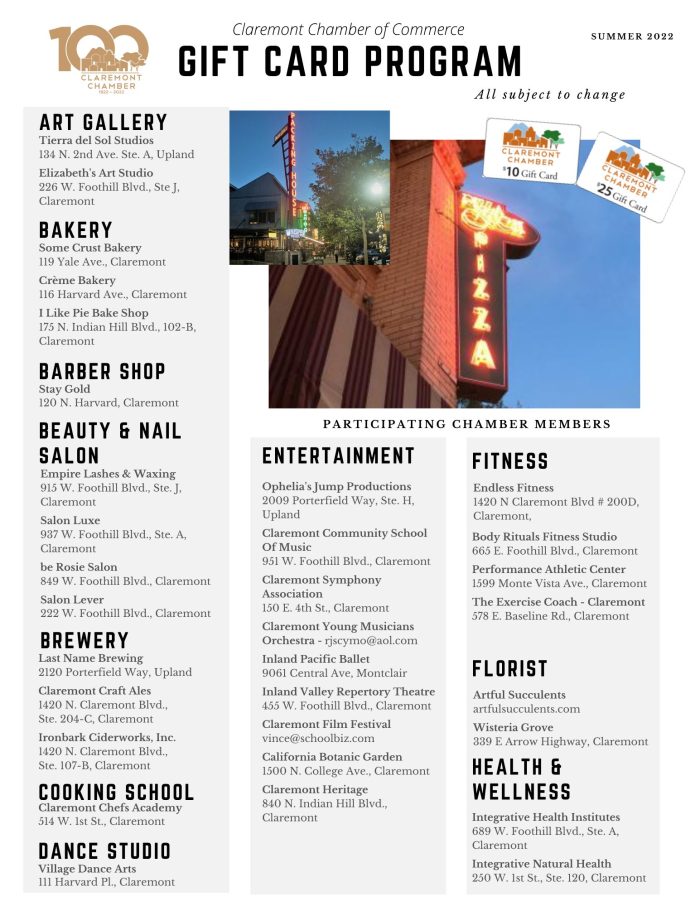 Claremont Chamber of Commerce Gift Cards