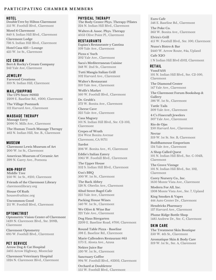 Claremont Chamber of Commerce Gift Cards
